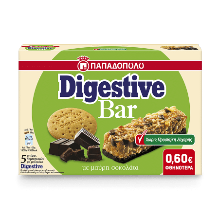 Product Image of Digestive Bar χωρίς προσθήκη ζάχαρης με κομμάτια και επικάλυψη μαύρης σοκολάτας