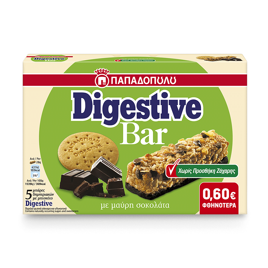 Image of Digestive Bar χωρίς προσθήκη ζάχαρης με κομμάτια και επικάλυψη μαύρης σοκολάτας