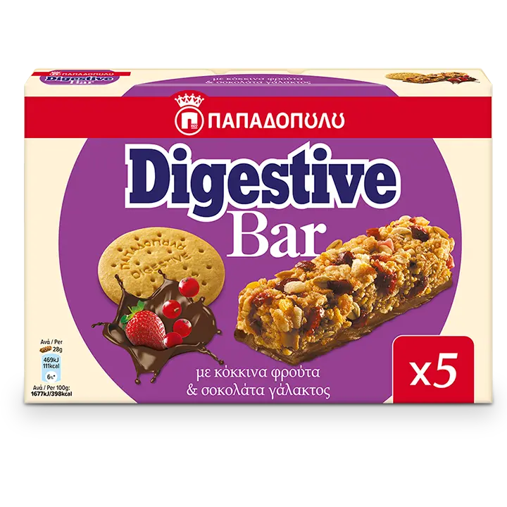 Image of Digestive Bar με κόκκινα φρούτα και επικάλυψη με σοκολάτα γάλακτος