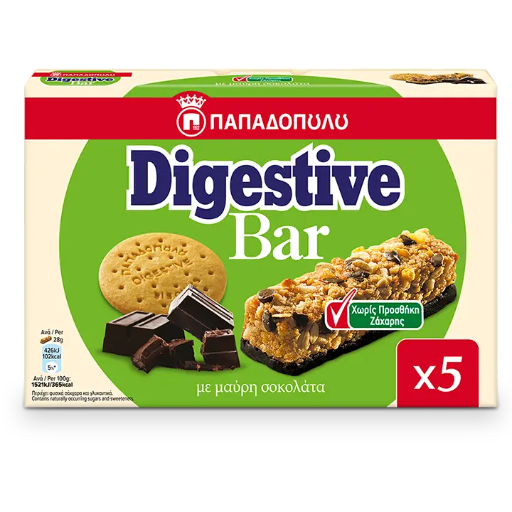 Image of Digestive Bar χωρίς προσθήκη ζάχαρης με κομμάτια και επικάλυψη μαύρης σοκολάτας