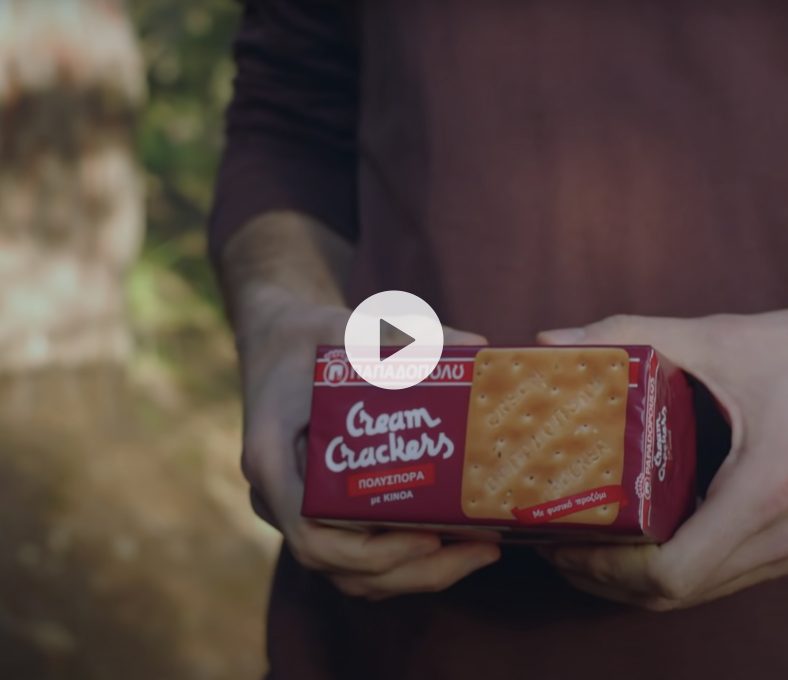 2021 ad campaign for new Multiseed Cream Crackers, featuring Greek actor Yorgos Kapoutzidis; “Papadopoulos Cream Crackers. Fit for your every moment.”