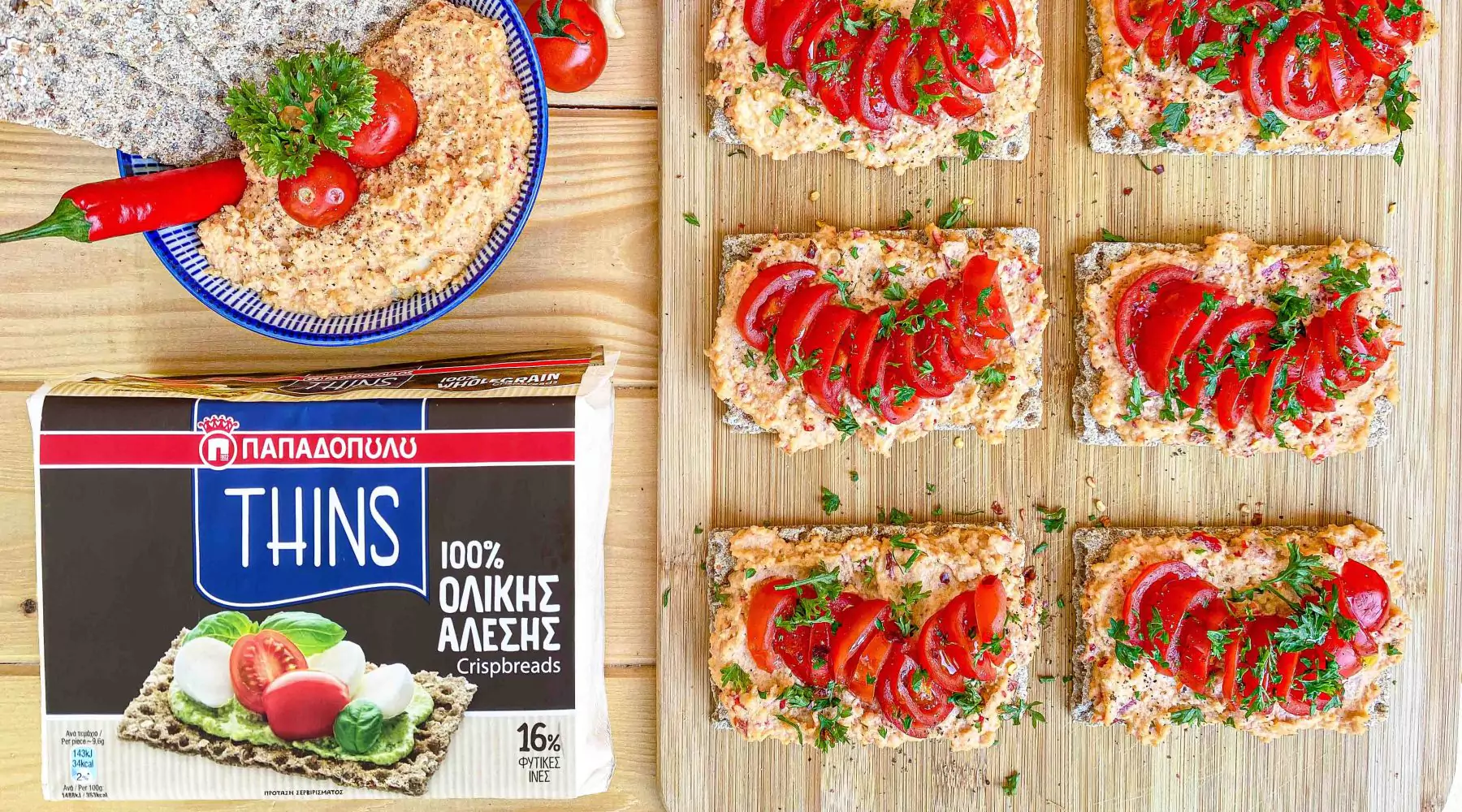 Top slider image for THINS Ολικής Άλεσης με vegan “τυροκαυτερή” και ντοματίνια